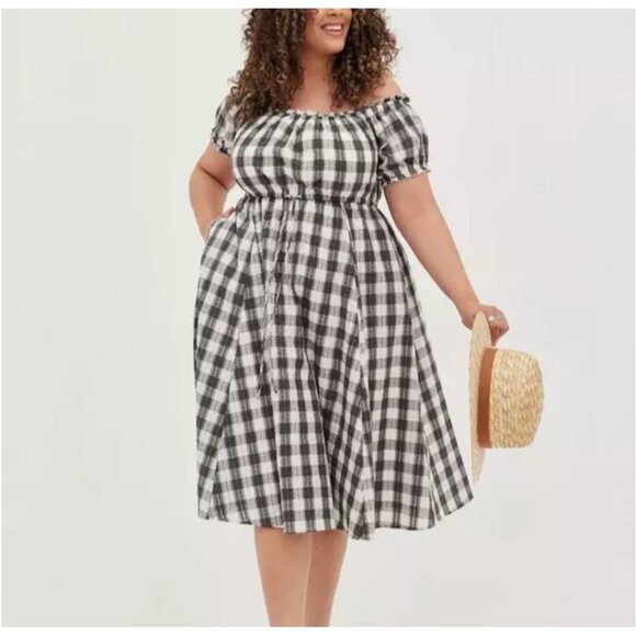 torrid Dresses & Skirts - Torrid Peasant Midi Dress 1X Seersucker Black White Gingham Milkmaid Cottage